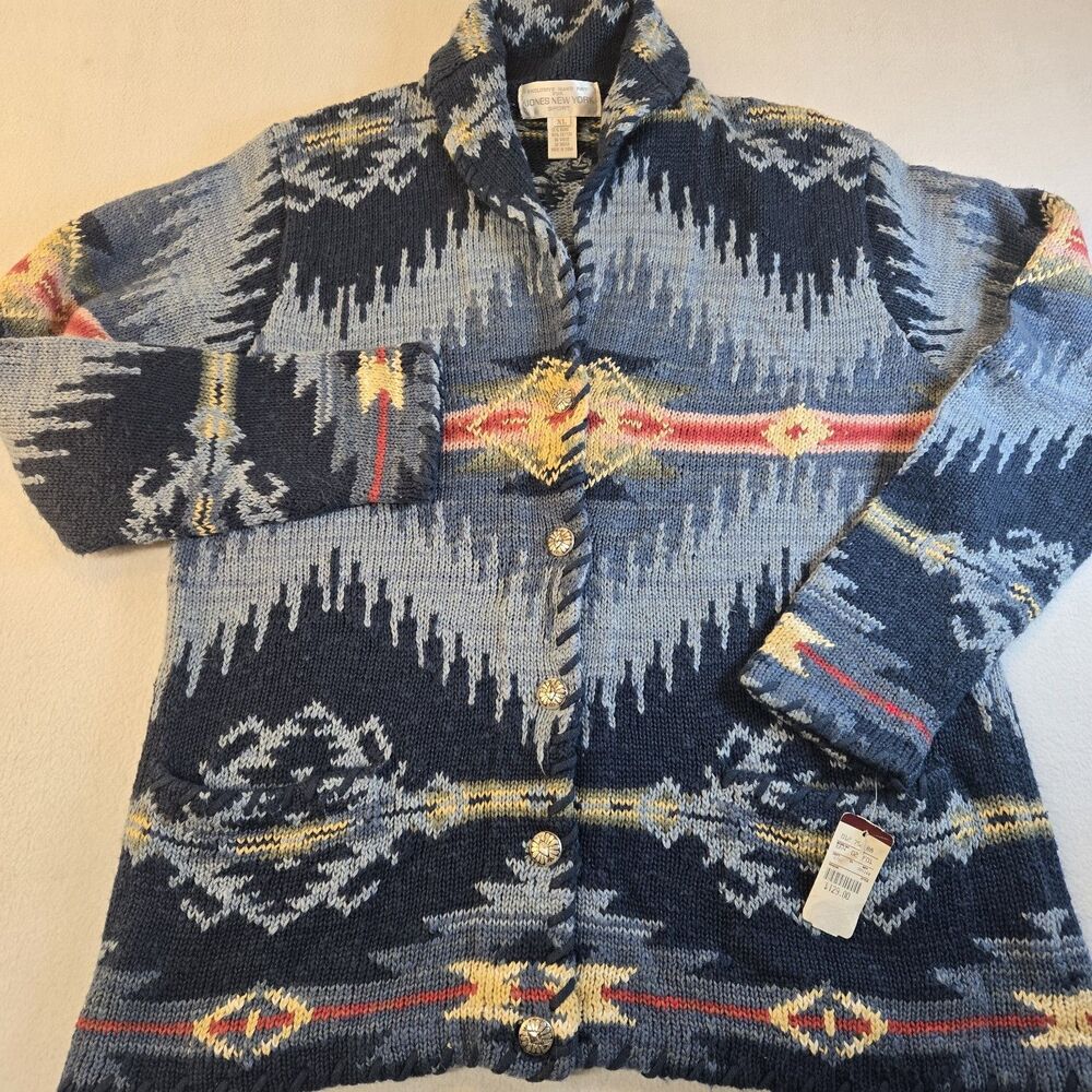 Women's Vintage 90s Hand Knit Aztec Cardigan Sweater NWT XL Jones New York Sport
